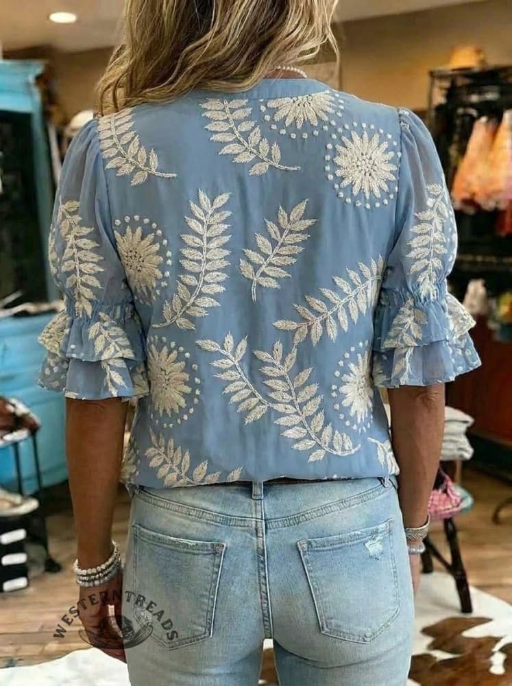 Women's Vintage Floral Print Casual Chiffon Ruffle Shirt