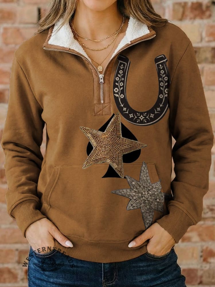 West Print Casual Half-zip Cotton Sweatshirt