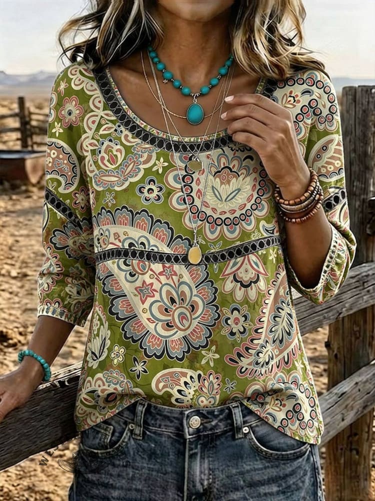 Women's Paisley Print Casual 3/4 Sleeves Hollow Denim Shirt