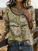 Women's Paisley Print Casual 3/4 Sleeves Hollow Denim Shirt