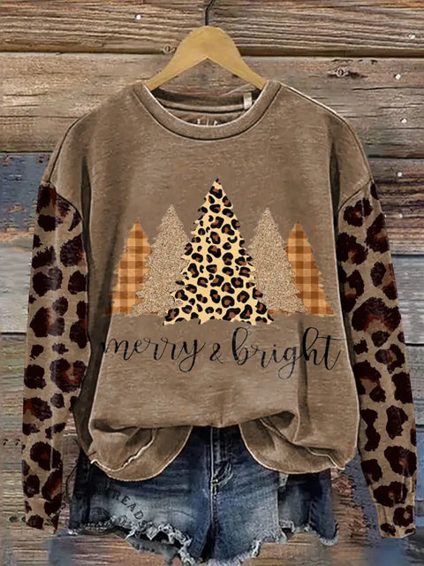 Leopard Print Christmas Tree Casual Cotton Sweatshirt
