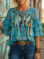 Women's Vintage Horse Art Print Casual 3/4 Sleeve Ruffle Top