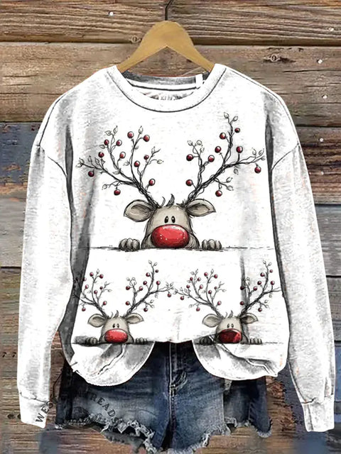 Christmas Elk Print Casual Cotton Sweatshirt