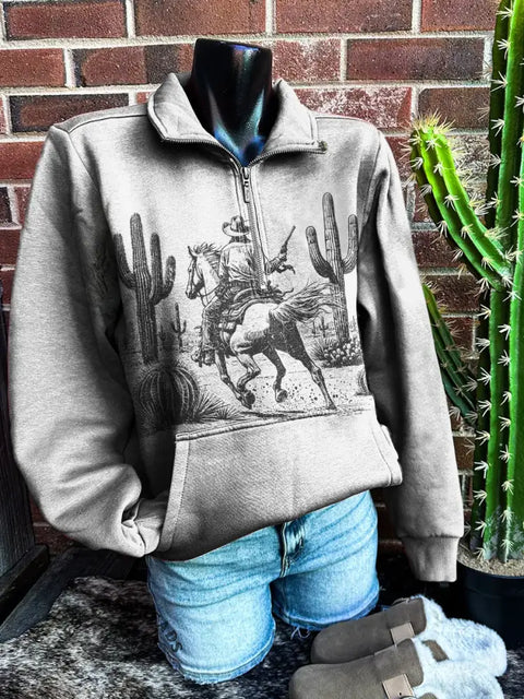 Western Art Print Casual Zip Sweatshirt