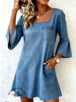 Women's Retro Flared Sleeve Mid-Length Sleeve Pocket Denim Dress