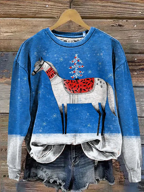 Retro Horse Christmas Print Casual Cotton Sweatshirt