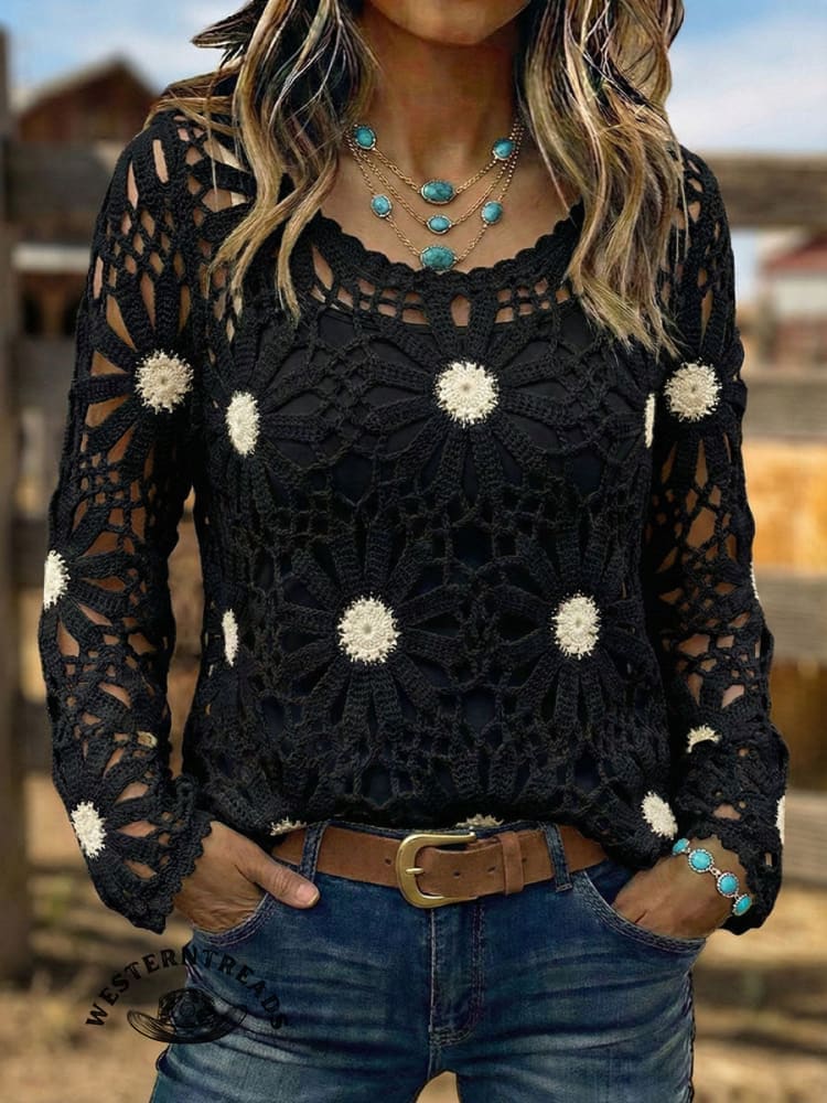 Vintage Western Art Soft Casual Crocheted Flowers Shirt