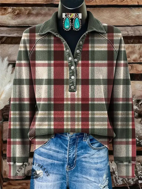 Women's Christmas Plaid Print Casual Cotton Sweatshirt