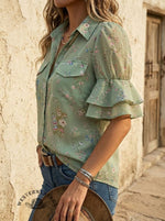 Vintage Floral Print Lapel Puff Sleeve Ruffle Shirt