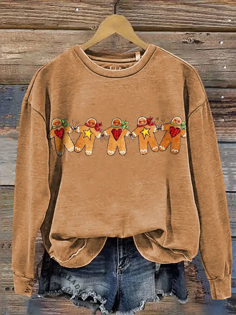 Christmas Gingerbread Man Print Casual Cotton Sweatshirt