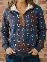 West Print Casual Half-zip Cotton Sweatshirt