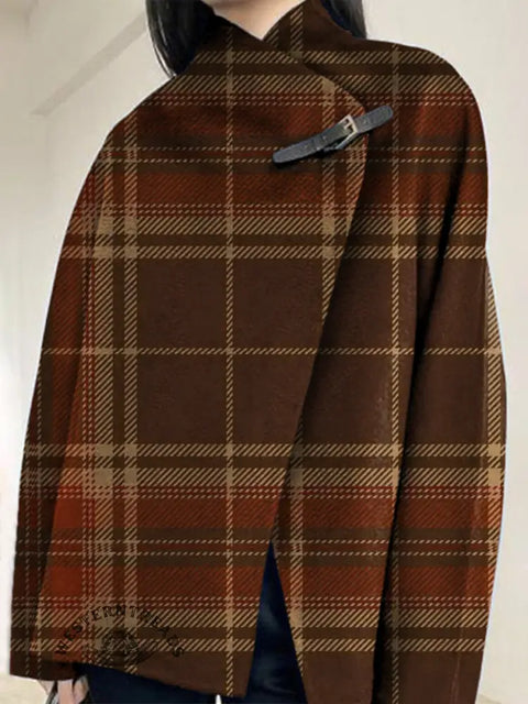 Checkered Print Buckle Long-Sleeved Cardigan Coat