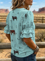 Women's Cow Brand Print Puff Sleeve Casual Shirt