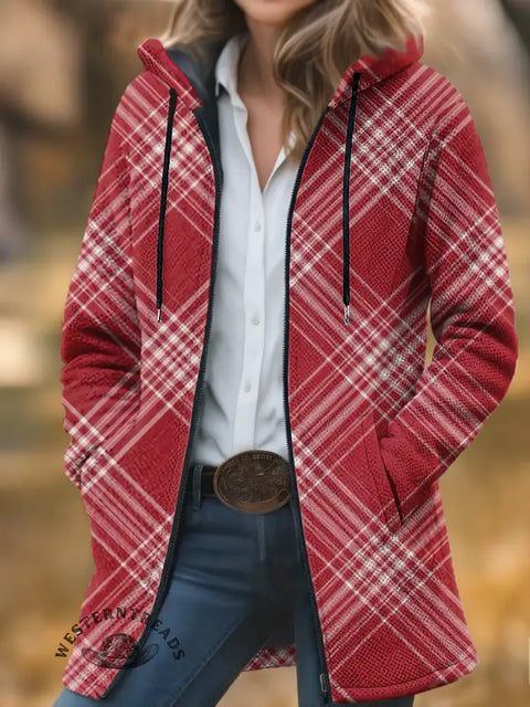 Red plaid Unisex Plush Thick Long-Sleeved Cardigan Coat