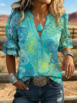 Women's Paisley Art Puff Sleeve Casual Shirt