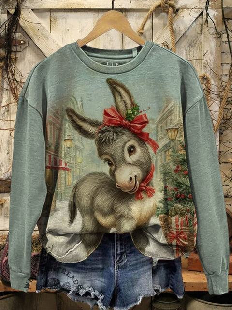 Retro Christmas Donkey Casual Cotton Sweatshirt