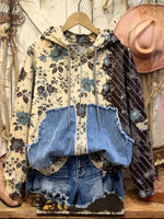 Retro Print Casual Cotton Patchwork Hooded Zip-up Sweatshirt