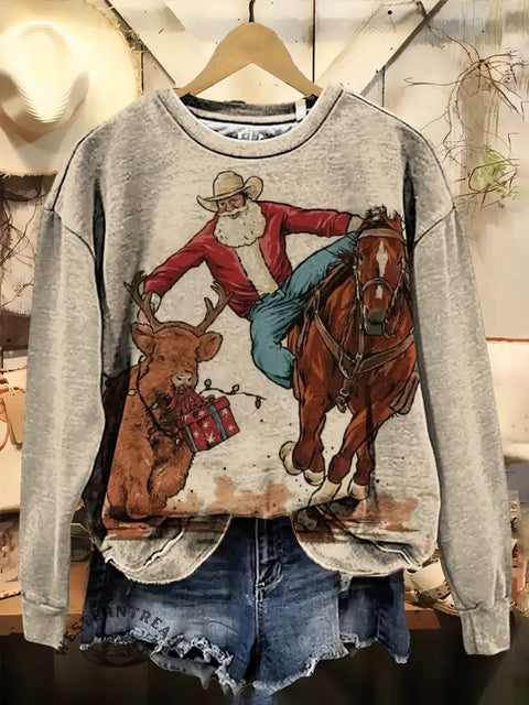 Cowboy Christmas Art Print Casual Cotton Sweatshirt