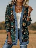 Vintage Paisley Art Print Casual Cotton Patchwork Denim Coat