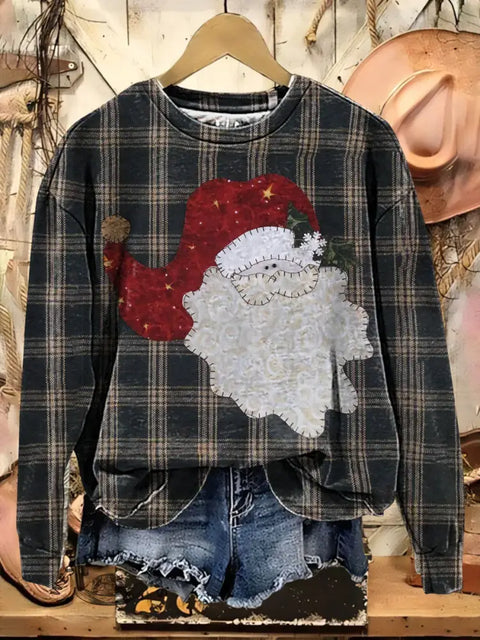Retro Patchwork Santa Art Casual Cotton Sweatshirt