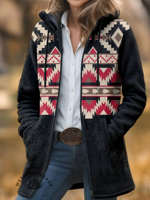 Aztec Print Unisex Plush Thick Long-Sleeved Cardigan Coat
