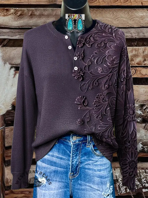 Simple Floral Art Print Buttoned Cardigan Sweater