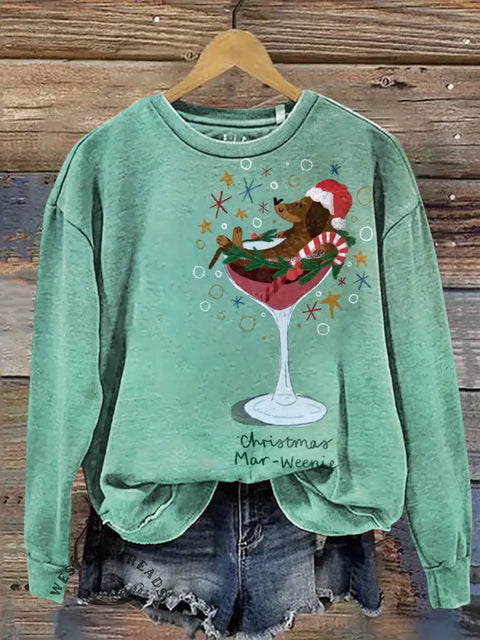 Christmas Wine Glass Puppy Casual Cotton Sweatshirt