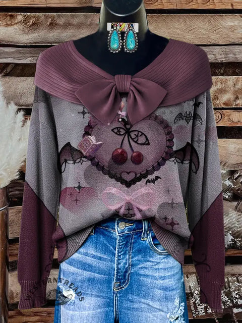Women's Retro Bat Heart Print Casual Cotton Sweater