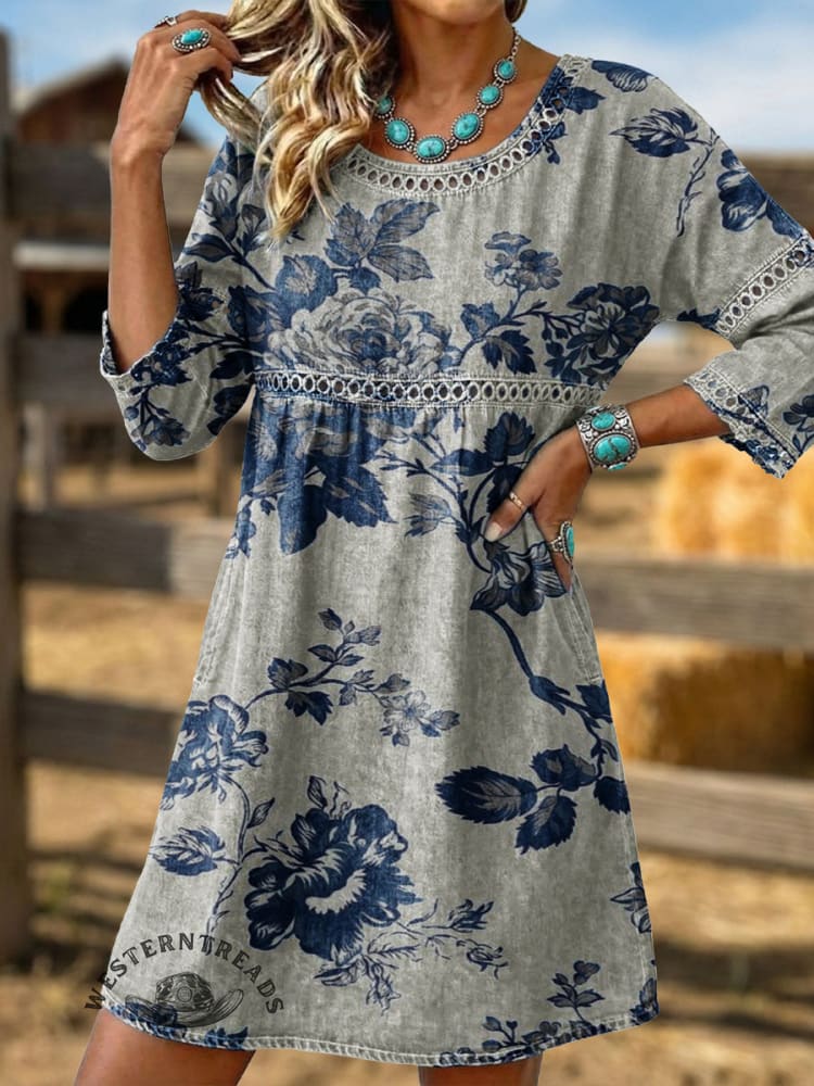 Vintage Denim Patchwork Hollowed Out Lace Western ArtMid Dress