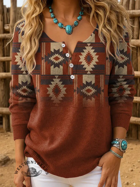 Retro Aztec Gradient Pattern Print Women's Casual Pullover Sweater