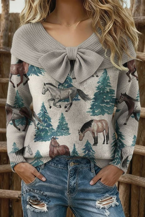 Women's Horse Print Casual Cotton Sweater