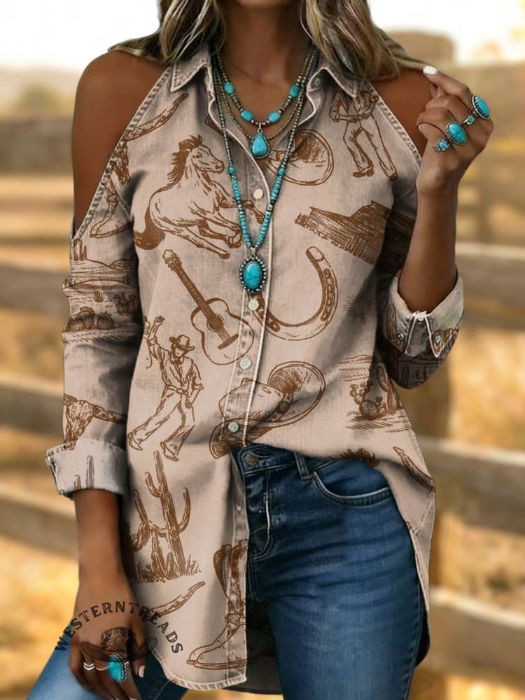 Women's West Print Casual Cold Shoulder Pure Cotton Long Sleeve Button Down Shirt Blouse Top