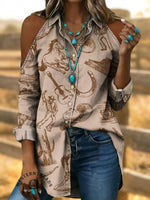 Women's West Print Casual Cold Shoulder Pure Cotton Long Sleeve Button Down Shirt Blouse Top