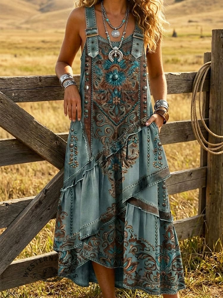 Vintage Western Art Print Sleeveless Multi-layered Ruffled Strap Dress