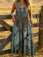 Vintage Western Art Print Sleeveless Multi-layered Ruffled Strap Dress