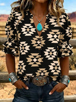 Women's Aztec Print Puff Sleeve Casual Shirt