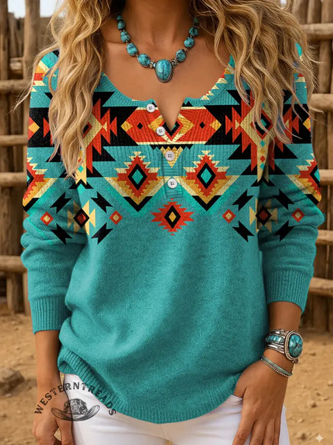 Retro Aztec Print Buttoned Cardigan Sweater