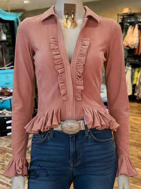 Women's Lapel Ruffled Long Sleeve Casual Top