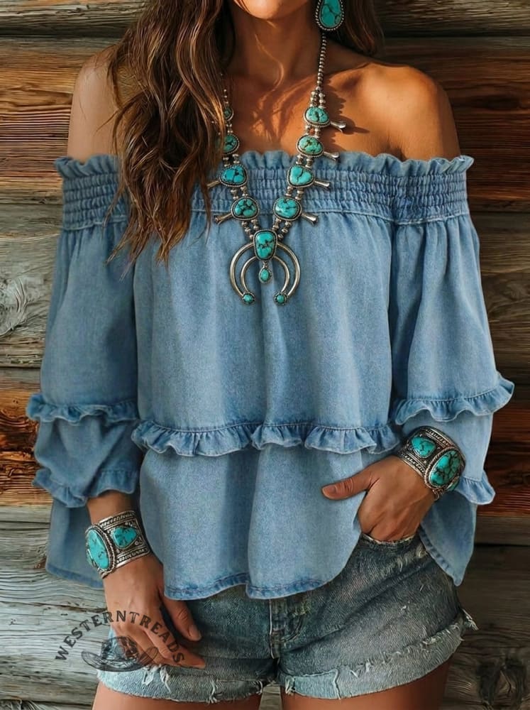 Casual Off-shoulder Ruffled Denim Top