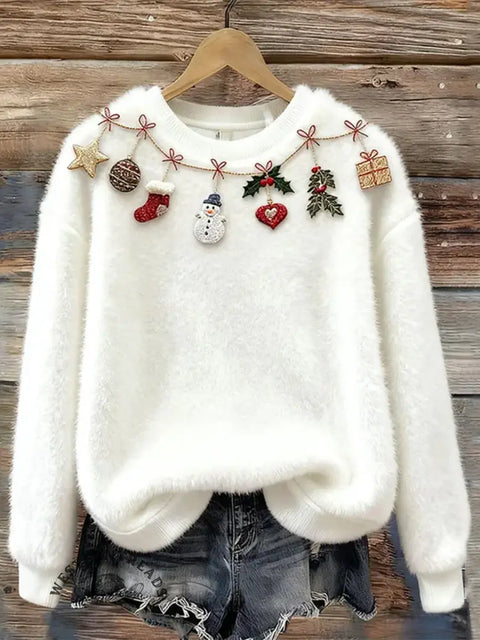 Women's Christmas Embroidered Art Print Cozy Plush Sweater