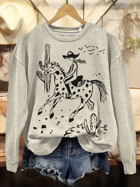 Cowgirl Art Print Casual Cotton Sweatshirt