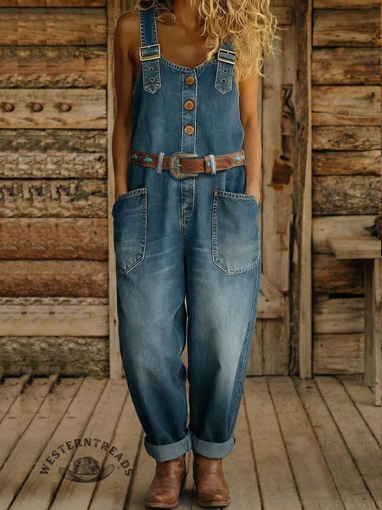 Vintage Western Art Buttons Denim Jumpsuit
