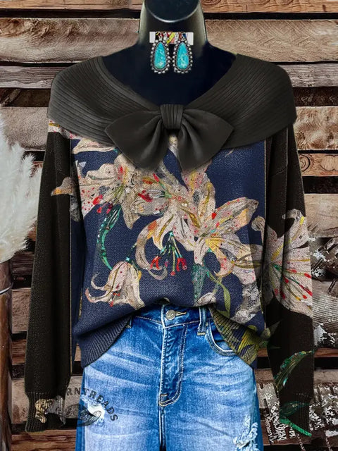 Women's retro flower Print Casual Sweater