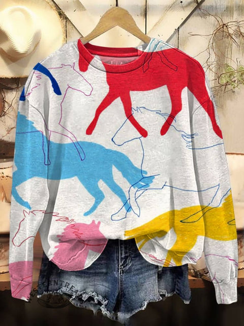 Horse Art Print Casual Cotton Sweatshirt