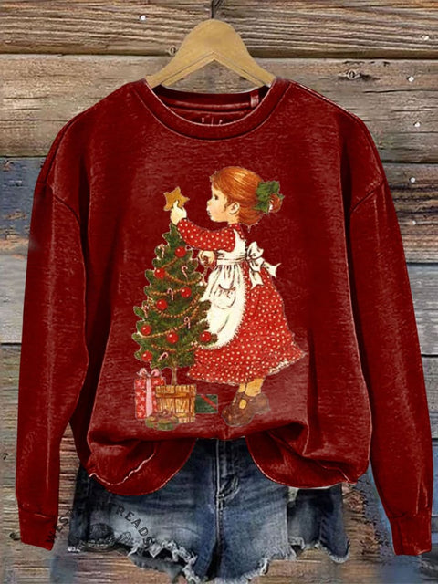 Christmas Art Print Casual Cotton Sweatshirt