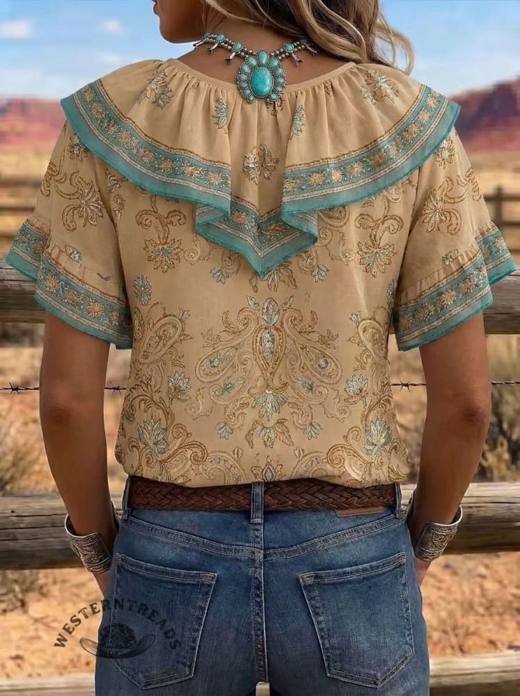 Women's Vintage Art Print Casual V-Neck Ruffle Shirt