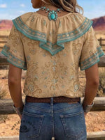 Women's Vintage Art Print Casual V-Neck Ruffle Shirt