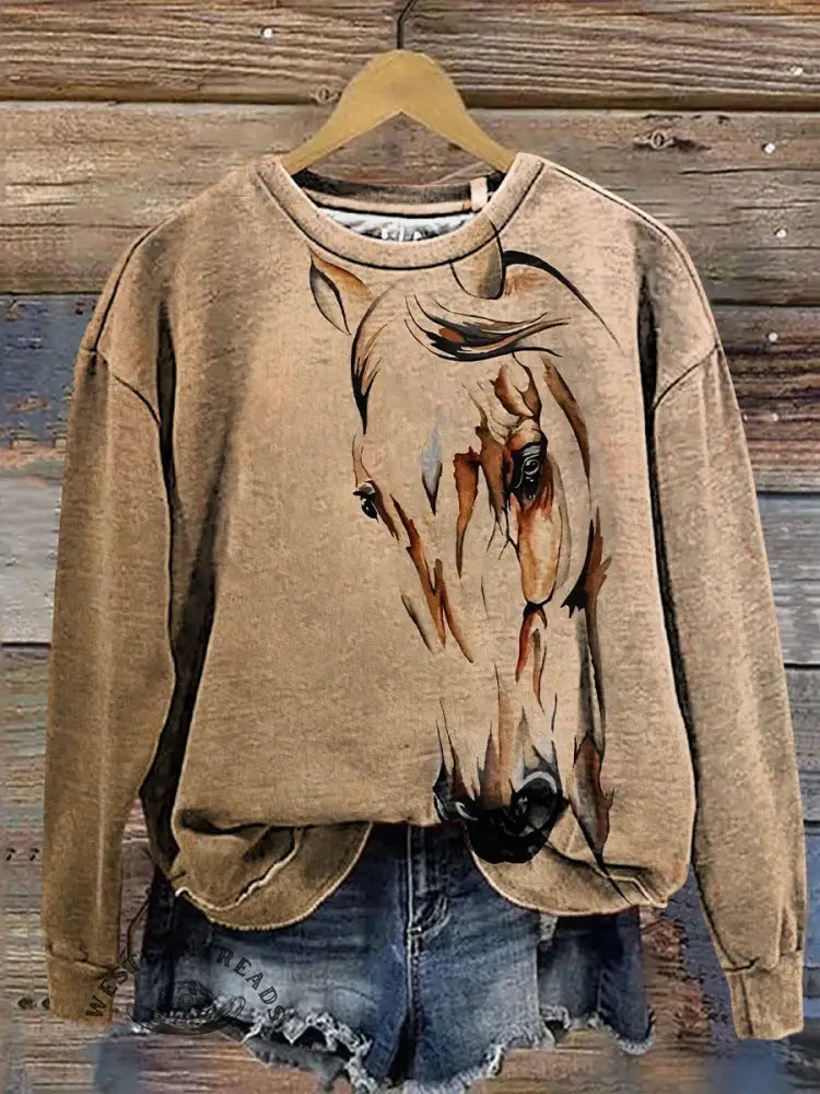 Retro Horse Print Casual Cotton Sweatshirt
