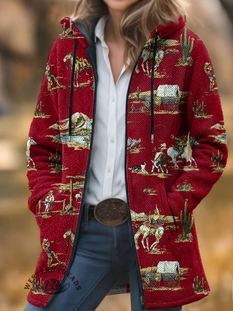 Classic West Print Unisex Plush Thick Long-sleeved Cardigan Coat