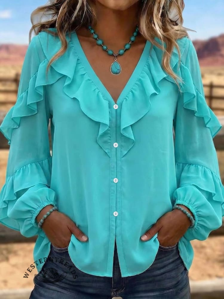 Turquoise Button-Up Flounce Top